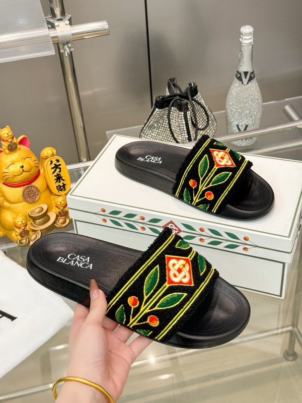 2025 Men CASA BLANCA Black Green Red Embroidered Leather Slippers Embroidery KFY00160