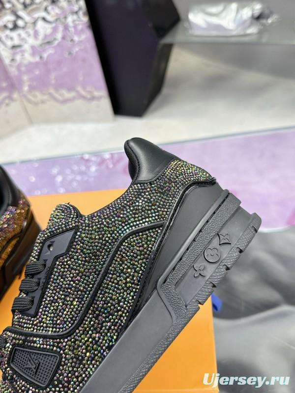 2025 Unisex Louis Vuitton Black Handmade Rhinestone Leather Fabric Plimsolls LV Trainer AS00400