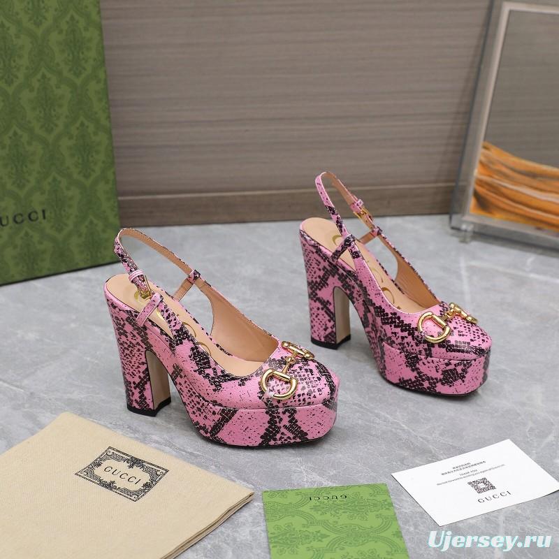 2025 Women Gucci Pink Black Leather Platform High Heels KFY00320