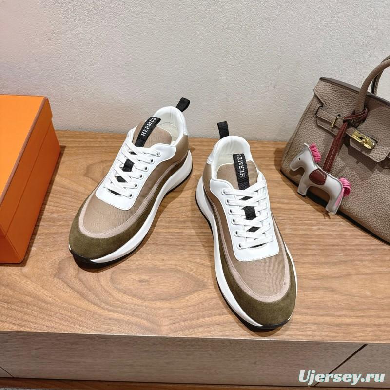 2025 Unisex HERMES White Beige Khaki Fabric Leather Sneakers AS00400