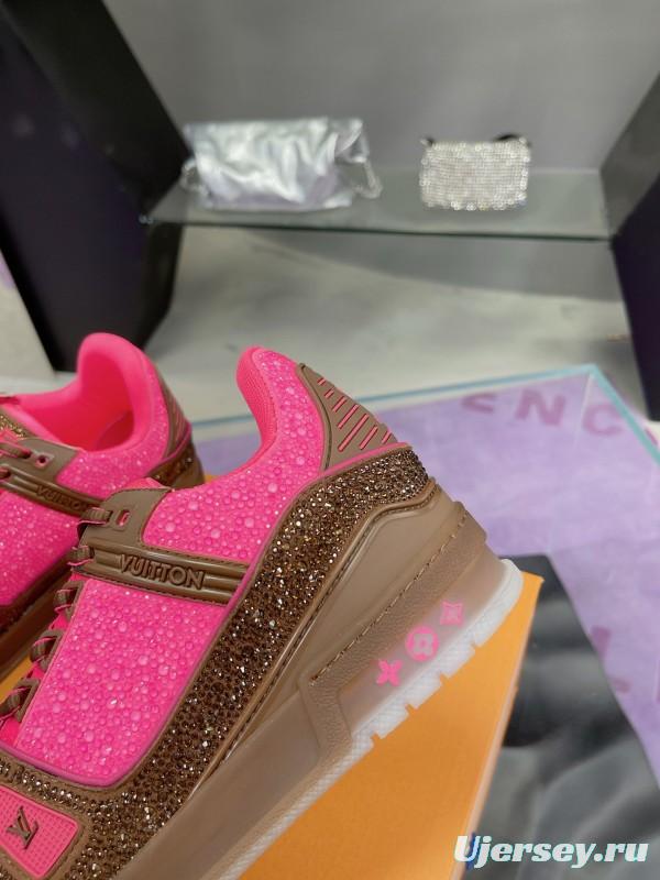 2025 Unisex Louis Vuitton Pink Brown Leather Canvas Plimsolls Handcrafted Crystals AS00400