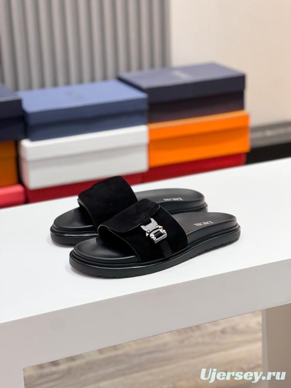 2025 Men Dior Black Leather Slippers CD Diamond Top Version AS00190