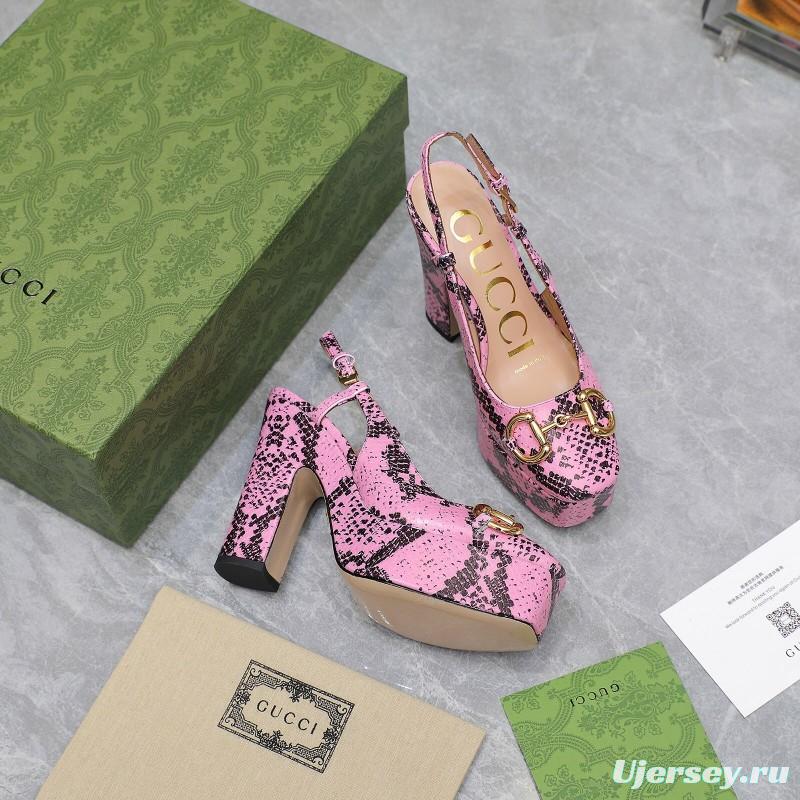 2025 Women Gucci Pink Black Leather Platform High Heels KFY00320