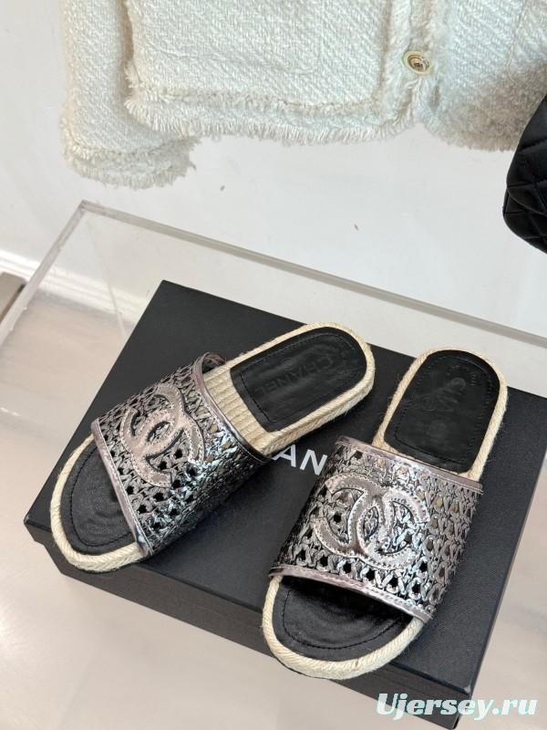2025 Women Chanel Black Metallic Leather Slippers Hollow Weave KFY00240