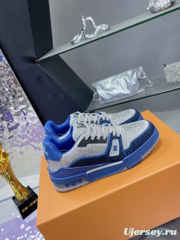 2025 Women Louis Vuitton Blue White Cow Leather Fabric Plimsolls Handcrafted Crystals AS00400