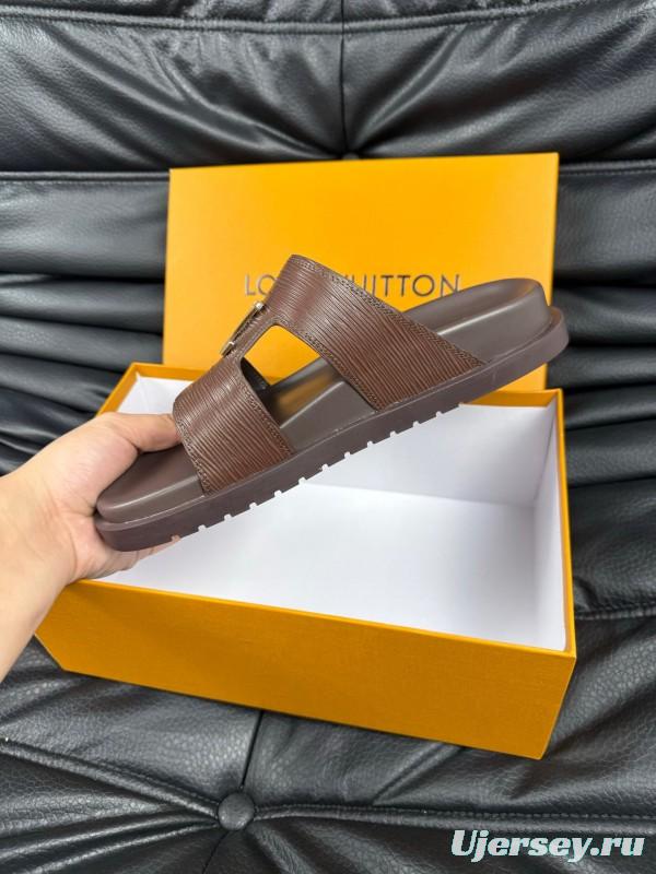 2025 Men Louis Vuitton Brown Leather Slippers AS00170