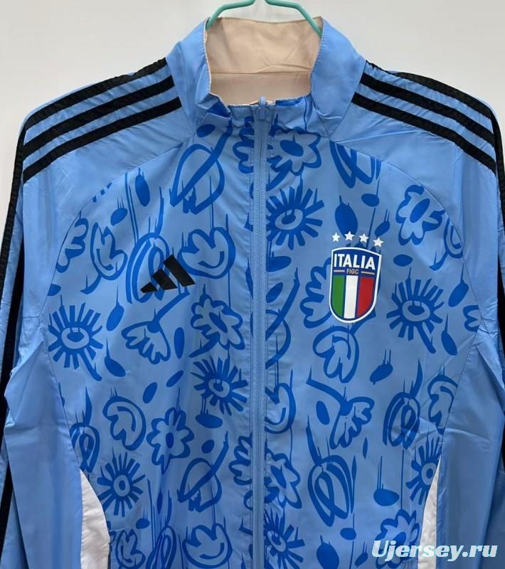 2025 Italy Light Blue/Beige with Floral Pattern Reversible Windbreaker