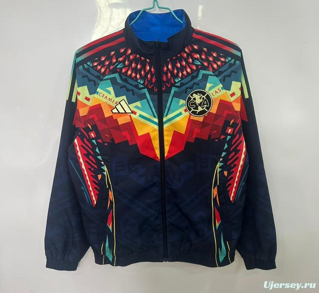 25/26 Club America Navy Blue with Aztec-Inspired Geometric Pattern Windbreaker
