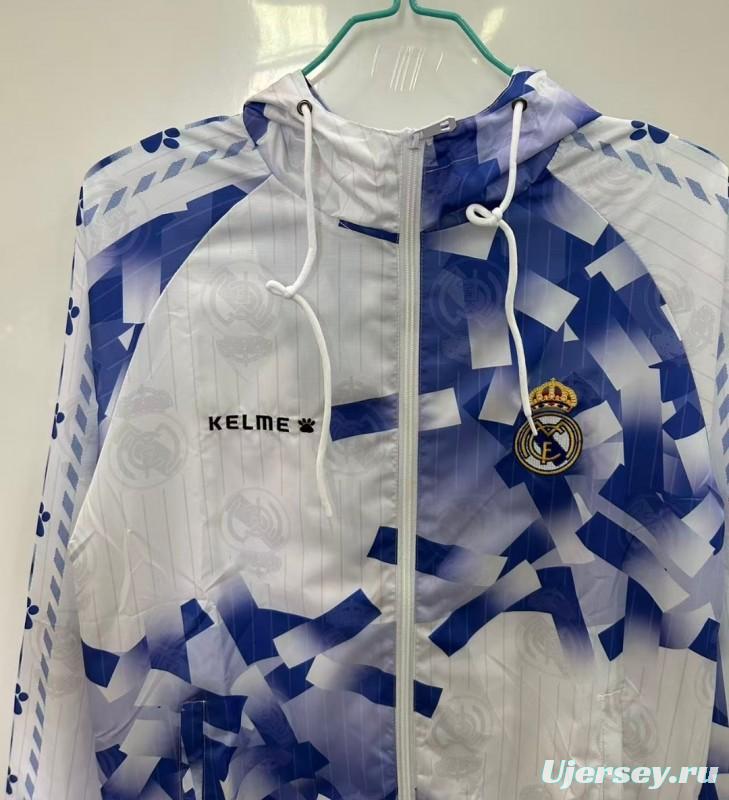 25/26 Real Madrid White with Blue Geometric Pattern Windbreaker