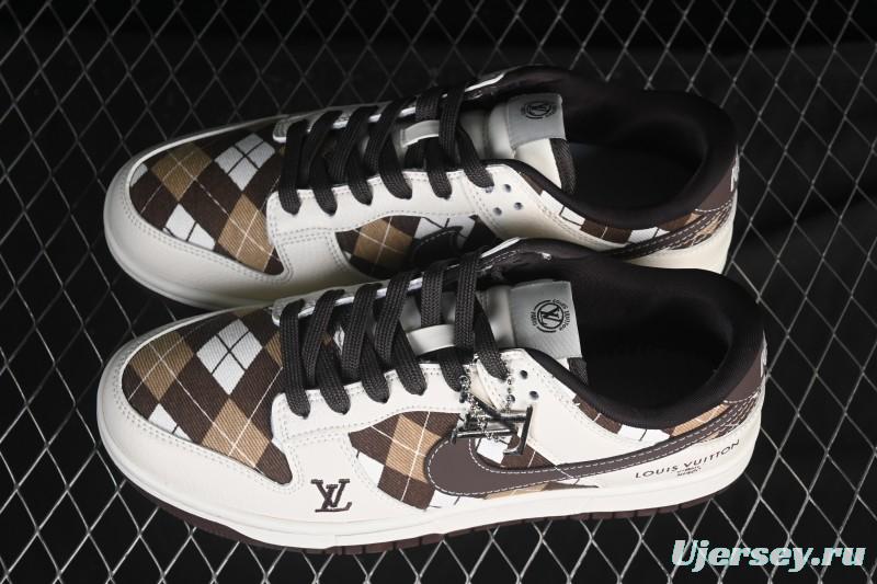 Nike SB Dunk Low LV Collaboration White Brown Grid High-End Custom Low-Top Casual Skate Shoes - SC0601-461