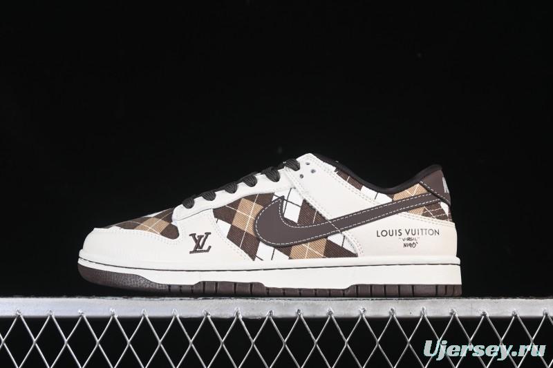 Nike SB Dunk Low LV Collaboration White Brown Grid High-End Custom Low-Top Casual Skate Shoes - SC0601-461