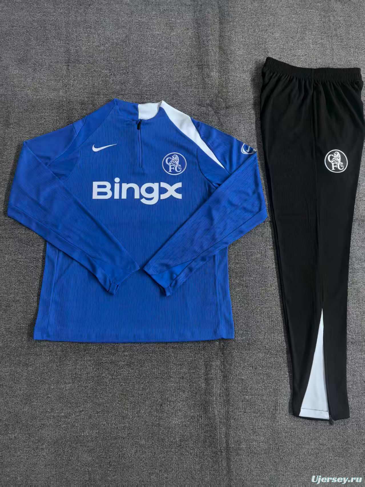 Player Version 25/26 Kids Chelsea Color Blue T90 Half Zipper Jacket+Long Pants