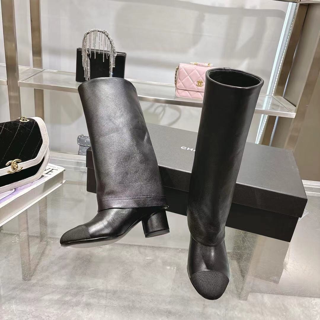 Chanel 2025/SS Autumn Winter Runway Turn-Cuff Block Heel Straight Tube Boots Classic Color Block - LY00510