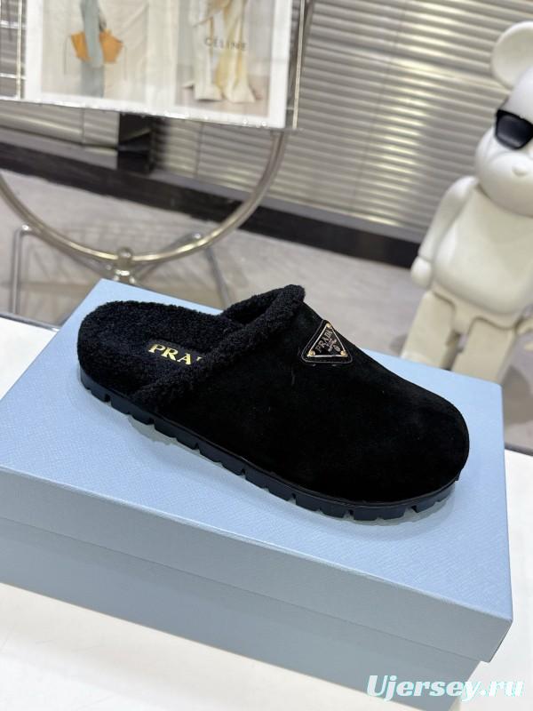 Prada 2025 Fall Winter New Fur Mule Slippers Triangle Buckle Bread Toe Half Slippers - KFY00270