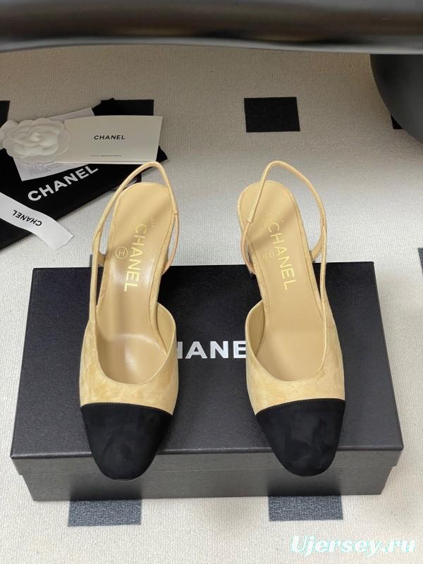 Chanel Sling-back Two-Tone Suede Slingback Sandals Flat/Block Heel - KFY00280