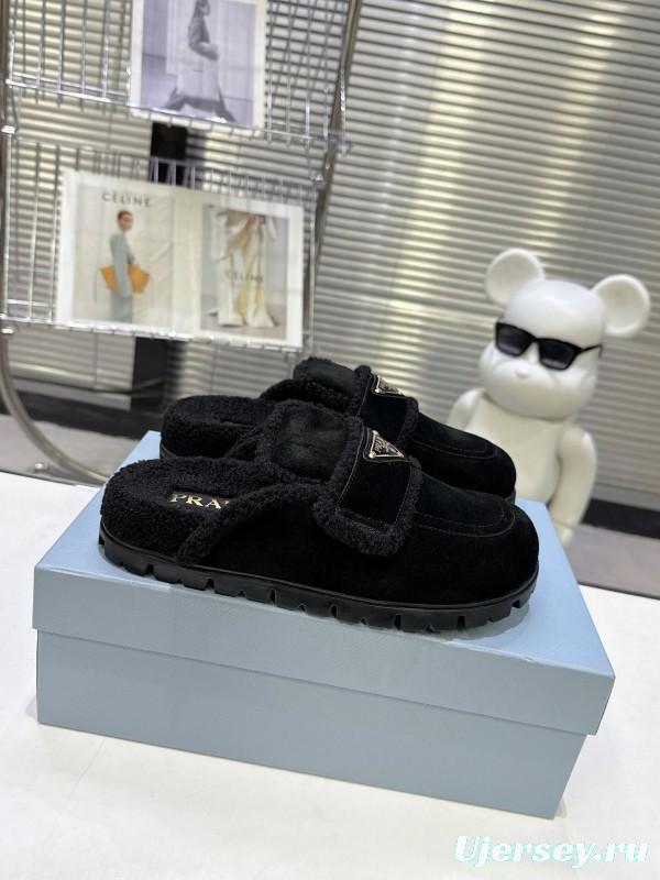 Prada Fall/Winter 2025 New Fur Mule Slippers Triangle Buckle Bread Head Semi-Slippers - KFY00270