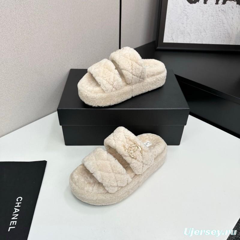 Chanel 2025 SS New Autumn Winter Lazy Sheep Genuine Wool Lazy Slippers Chanel Quilted Thick Sole Fur Slides - LY00300