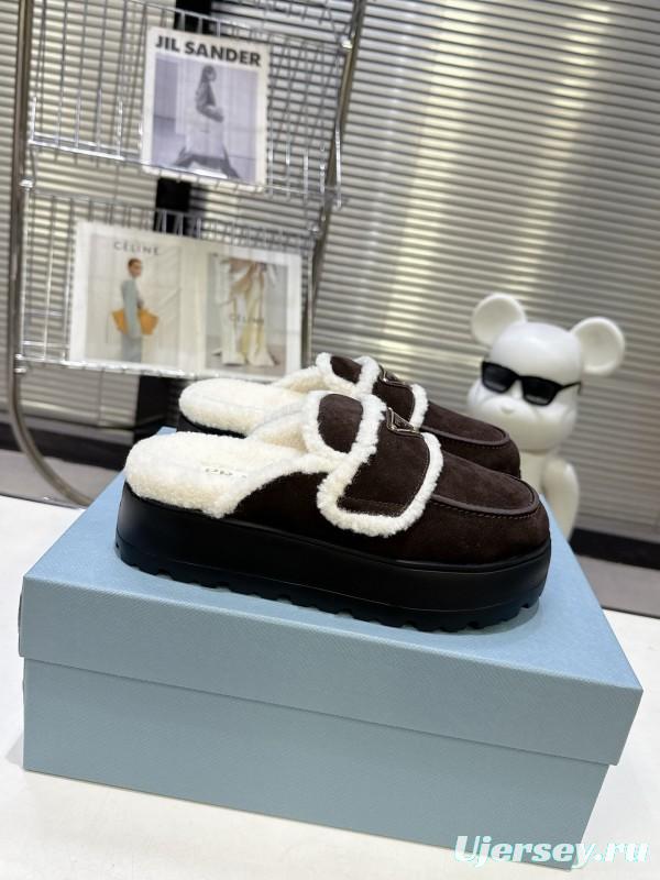 Prada SS25 Early Spring Fur Slippers with Rubber IP Ultra-Light Foam Sole - KFY00280