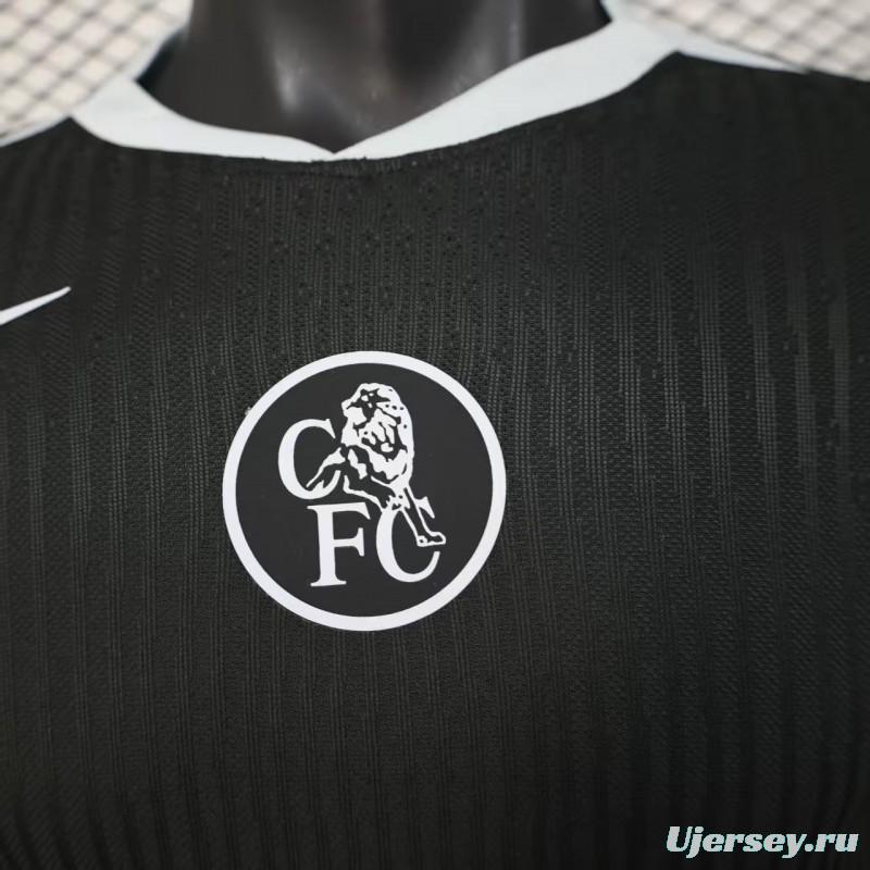 25/26 Player Version  Chelsea Away Dark Gray with Vertical Stripe Texture and Blue Piping Jersey
