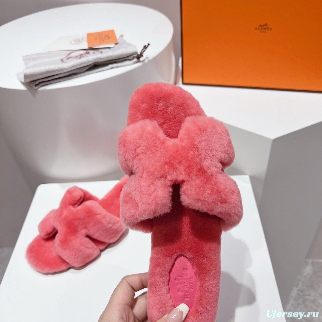 Hermès Teddy Wool H Slippers Flat Sole Fur Slides - LY00240