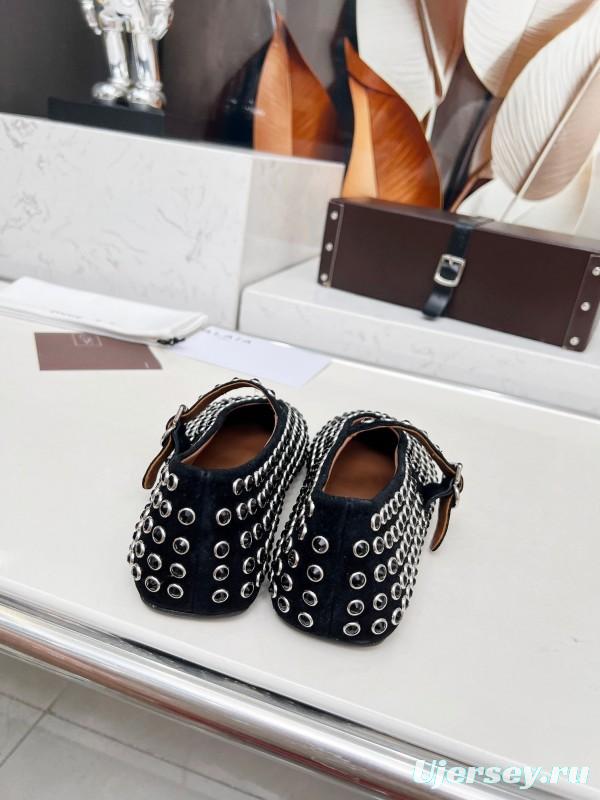 Alaia 2025/SS Crystal-Studded Ballet Dance Shoes with Inner Cushioning and 0.8CM Height Increase - LY00340