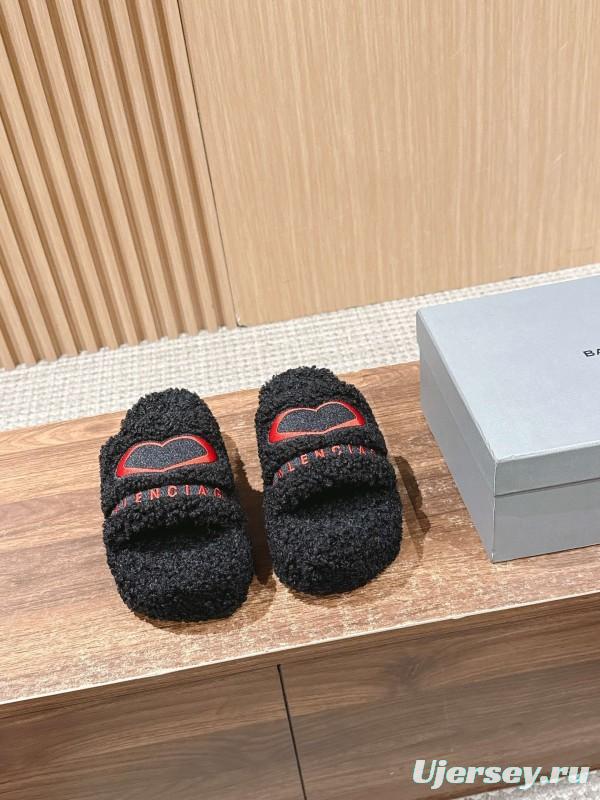 Balenciaga 2025 SS Qixi Limited Series Letter Embroidery Platform Shearling Slippers - AS00200