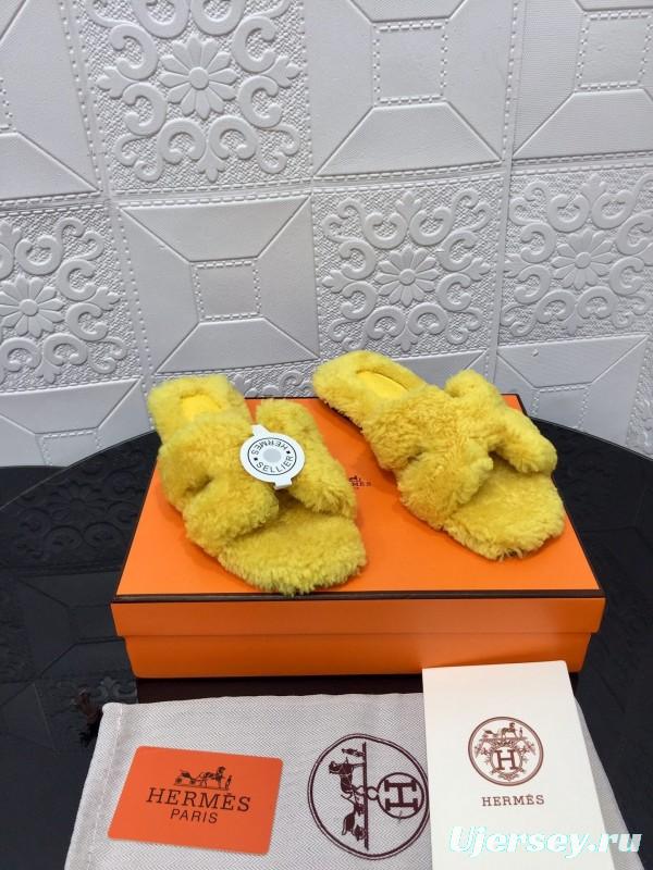 H Teddie Wool H Slippers Flat Sole Fur Slides - LY00240