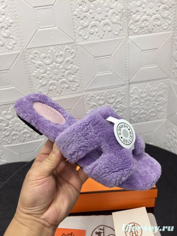 H Eiderdown Teddy Wool H Slippers Flat Sole Fur Slides - LY00240