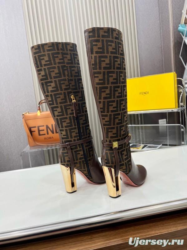 FENDI Delfina Round Toe Boots with FF Buckle and Heel Detailing - LY00