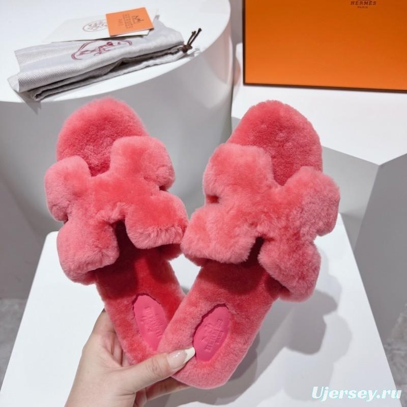 Hermès Teddy Wool H Slippers Flat Sole Fur Slides - LY00240