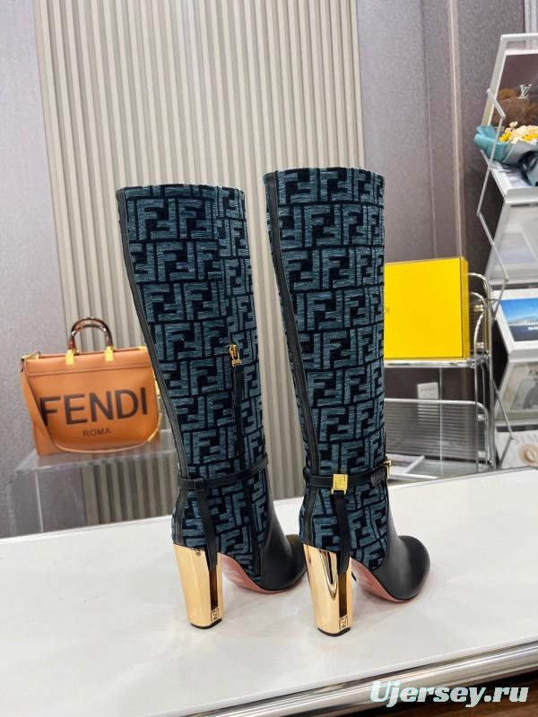 FENDI Delfina Round Toe Boots with FF Buckle and Heel Detail - LY00