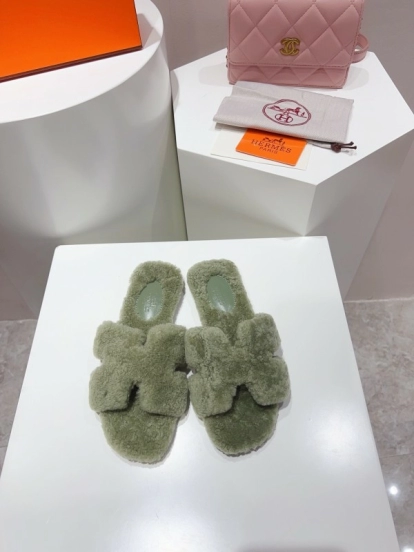 H Teddy Wool H Slippers Flat Sole Fur Slippers for Autumn Winter - LY00240
