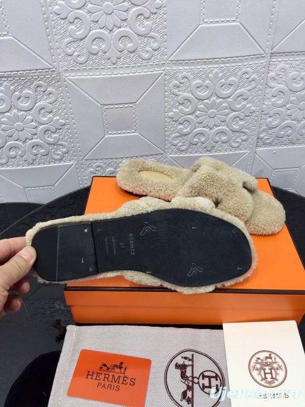 H Teddy Wool H Slippers Flat Sole Winter Home Shoes - LY00240