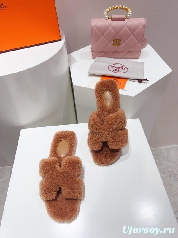 H Teddy Wool H Slippers Flat Sole Fur Slides - LY00240