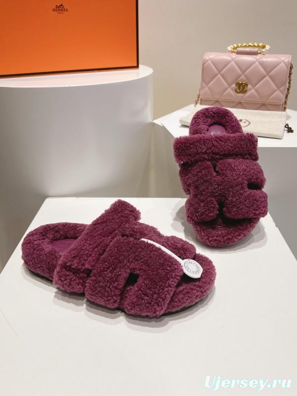 H Love Erjiu Full Wool Slippers with Wavy Fur Design - LY00270