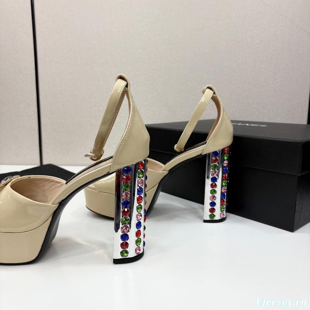 Adidas 2025/SS Little Fragrance Style Nightclub Color Diamond Chunky Heel Square Heel High Heel Waterproof Platform Back Strap Simple Sandals - KFY00350