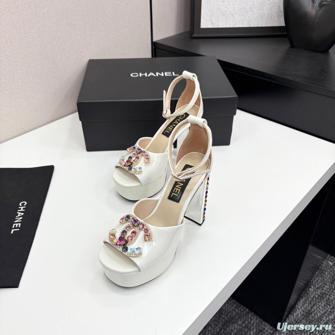 Chanel 2025/SS Glamorous Rhinestone Chunky Heel Platform Strappy Sandals - KFY00350
