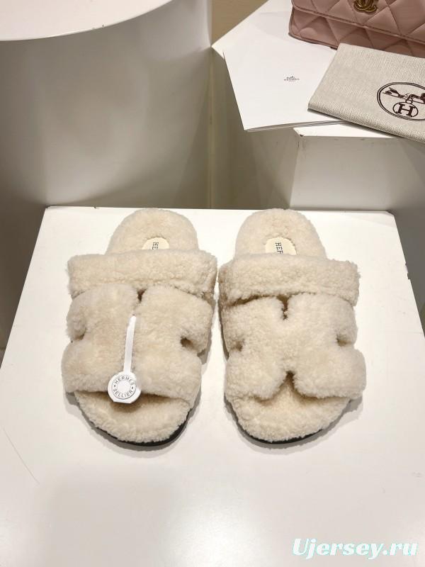 H Love Erjiu Full Wool Slippers with Wavy Fur Design - LY00270