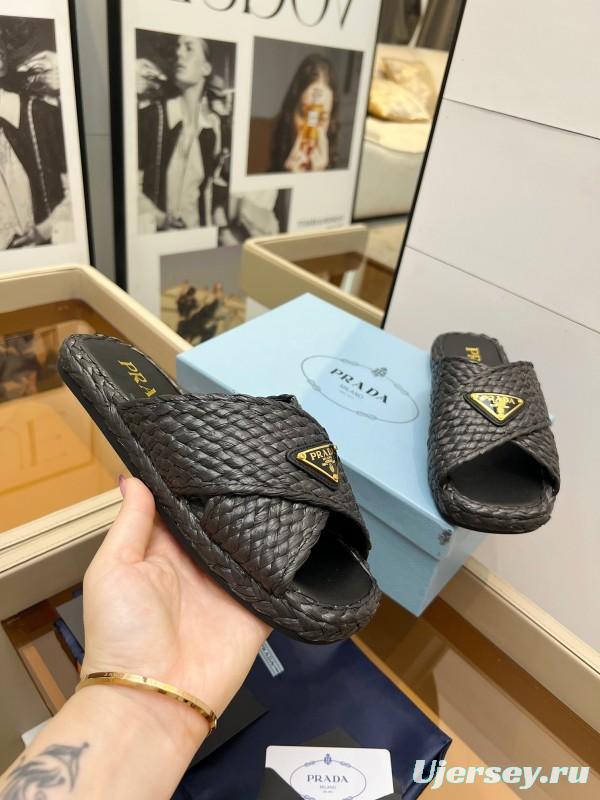 Prada 2025 SS Raffia Handwoven Cross Strap Sandals - KFY00260
