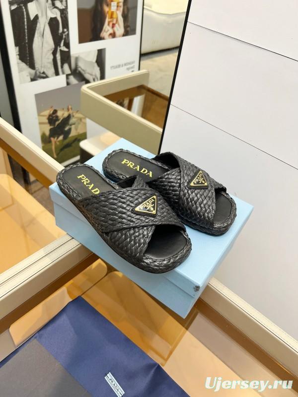Prada 2025 SS Raffia Handwoven Cross Strap Sandals - KFY00260