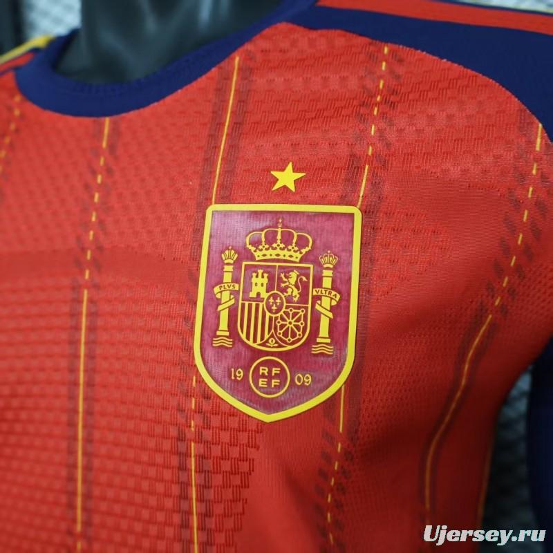Player Version 2026 Spain Home Long Sleeve Red with Vertical Stripe Pattern Jersey