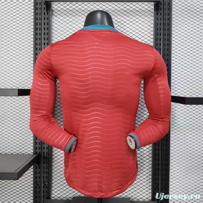 Player Version 2026 Portugal Home Long Sleeve Red with Horizontal Wave Pattern Jersey