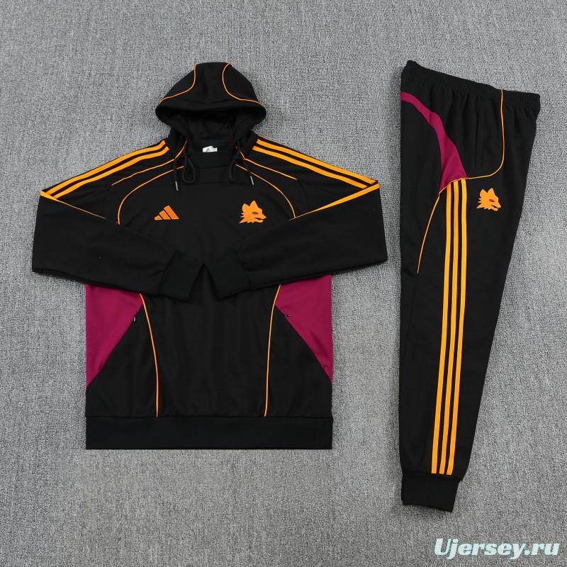 26/27 Roma Black Full Zipper Hooded Jacket Tracksuit + Long Pants