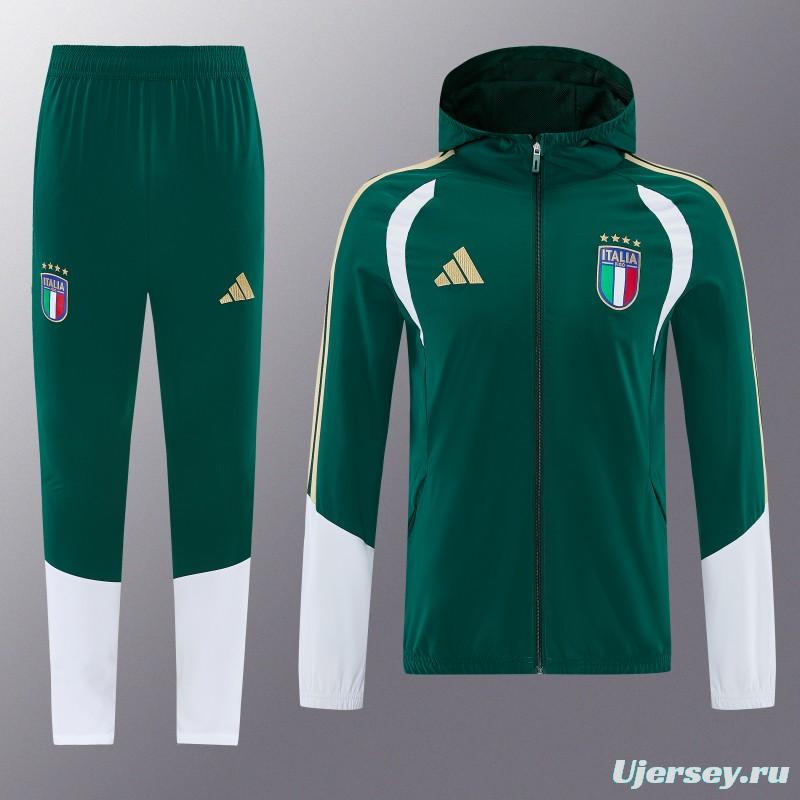 2026 Italy Green Hoodie Full Zipper Windbreaker + Long Pants