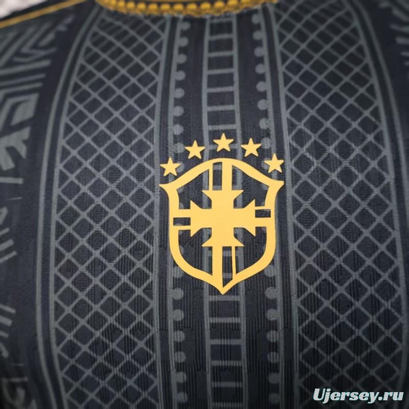 2026 Player Version Brazil Black with Gold Geometric Tribal Pattern Jersey