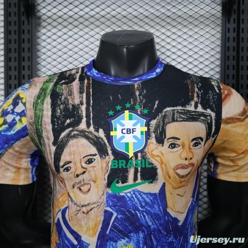Player Version 2026 Brazil CBF Hand-Drawn Art Special Edition Jersey Featuring Ronaldo & Ronaldinho
