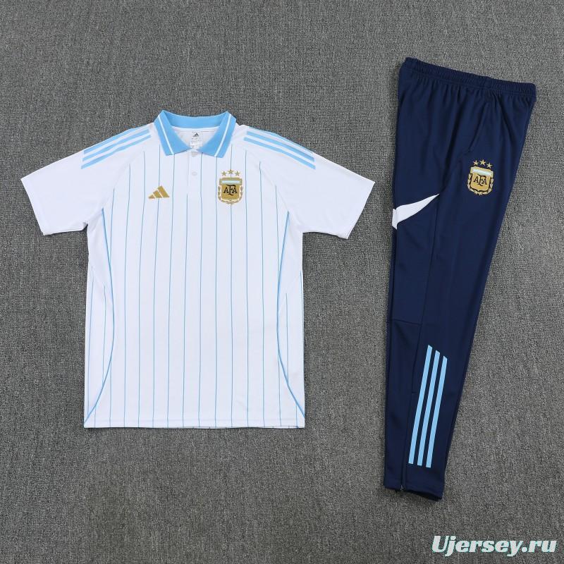 26/27 Argentina White Stripes Polo Training Shirt + Navy Blue Long Pants Tracksuit