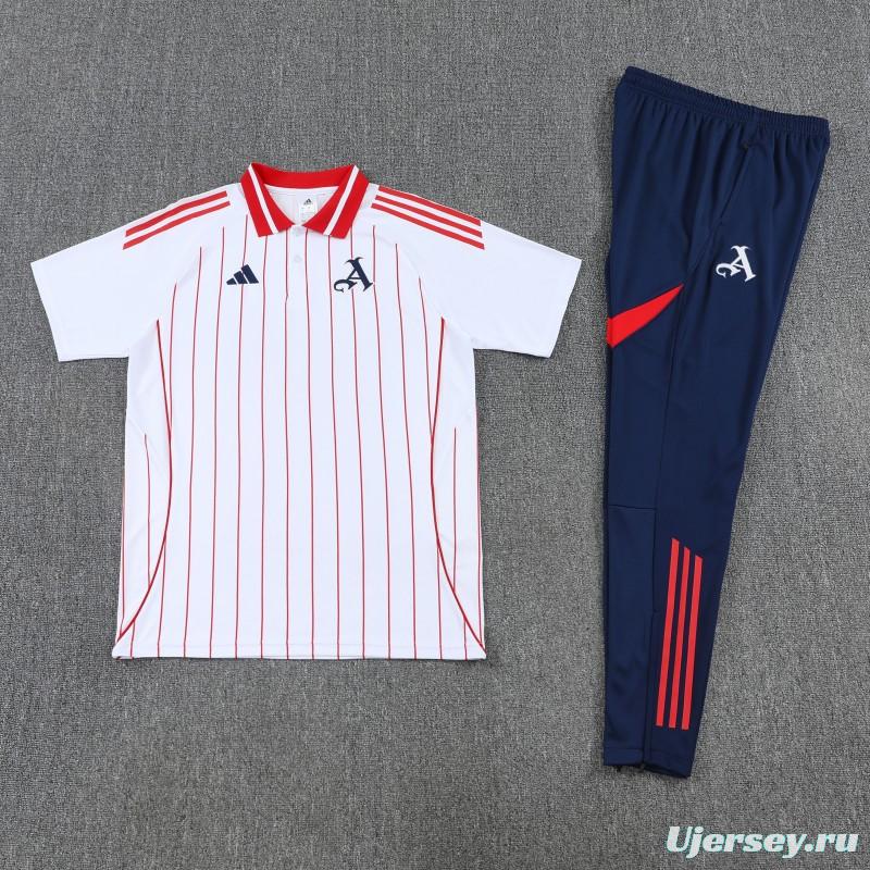 26/27 Arsenal  White&Red Stripes  Polo Training Shirt + Long Pants Tracksuit
