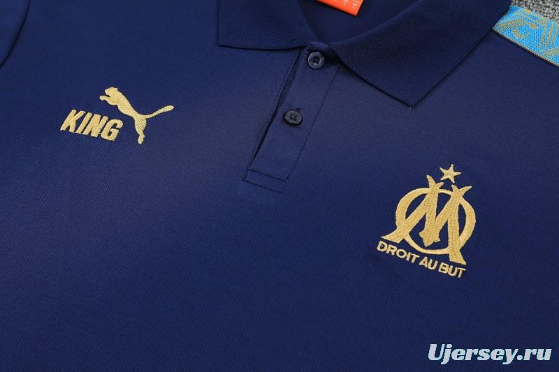26/27  Marseille Navy Blue  Polo Training Shirt + Long Pants Tracksuit