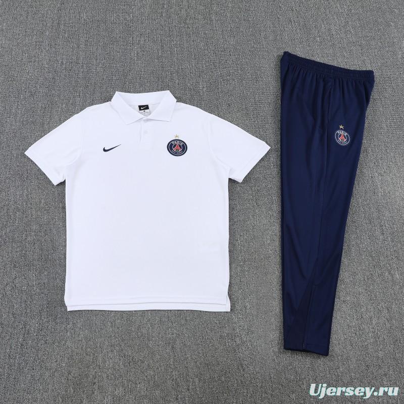 26/27  Paris White Polo Training Shirt +Navy Blue  Long Pants Tracksuit